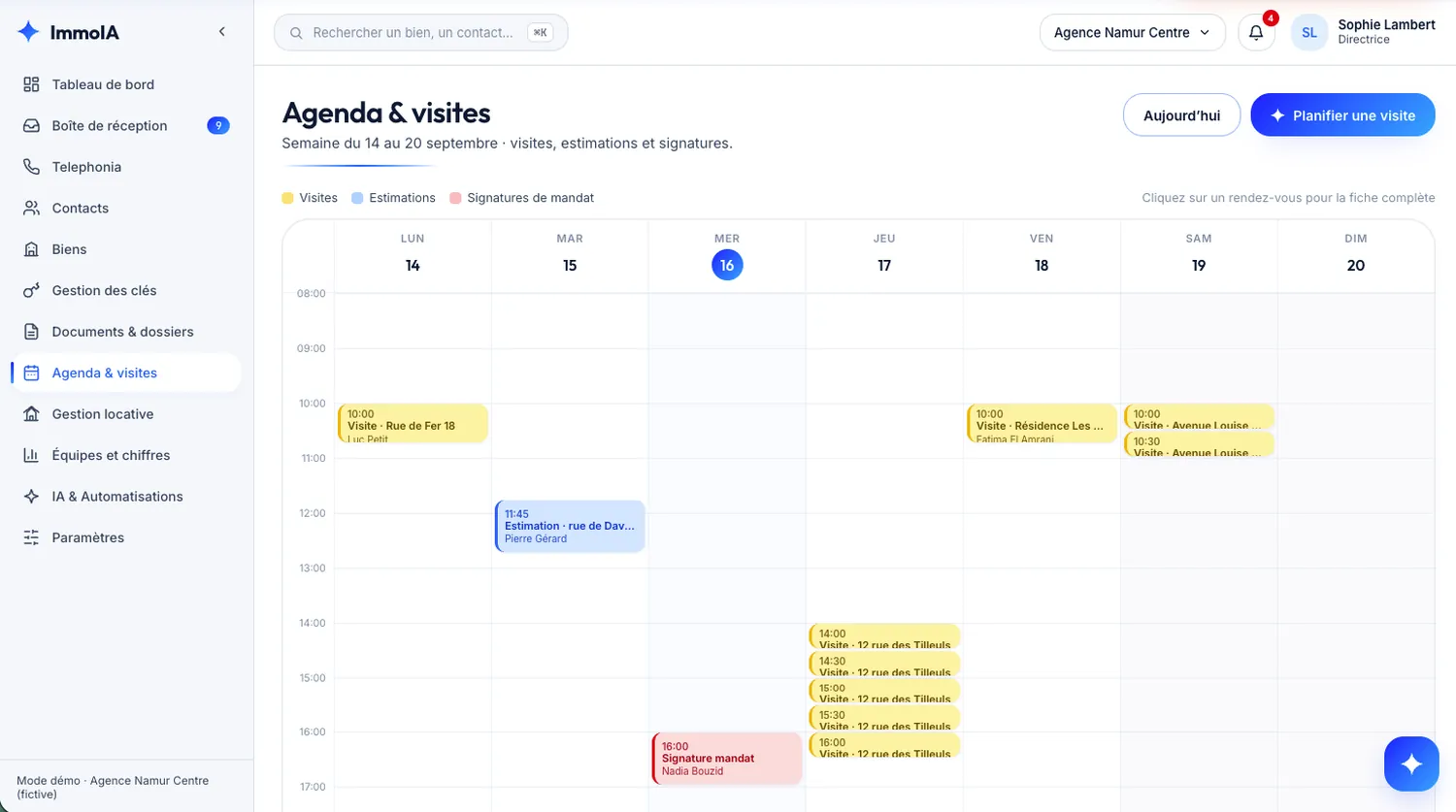 Écran Agenda & visites : la semaine du 14 au 20 septembre avec les visites, les estimations et les signatures de mandat, chaque créneau rattaché à un collaborateur et à un bien.