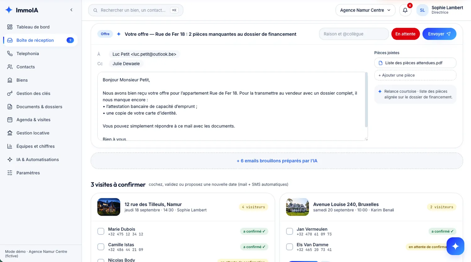 Écran Boîte de réception : un brouillon de mail préparé par l'IA pour relancer un acquéreur sur deux pièces manquantes, avec la pièce jointe générée, plus les visites à confirmer par mail et SMS.