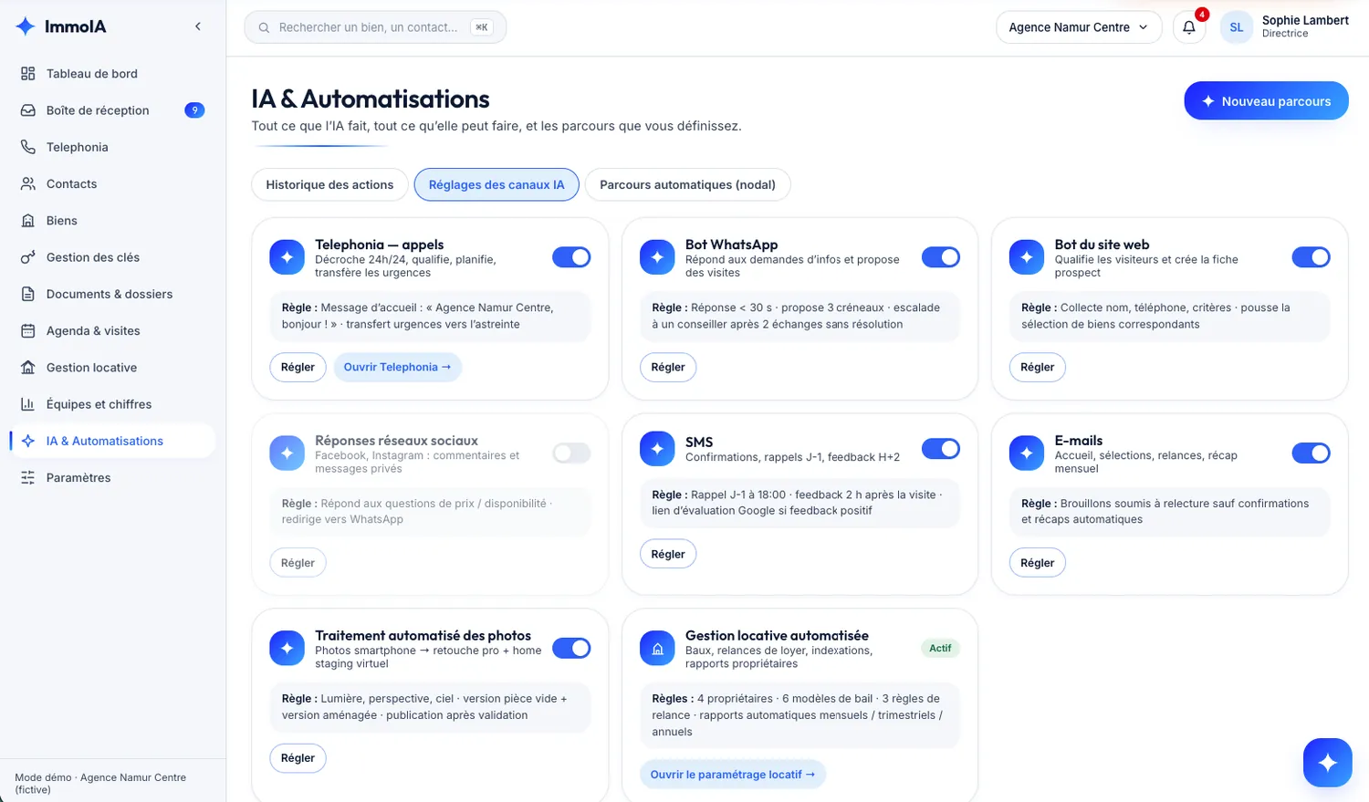 Écran IA & Automatisations, onglet Réglages des canaux : chaque canal (appels, WhatsApp, bot du site, SMS, e-mails, photos, gestion locative) avec son interrupteur et la règle appliquée.