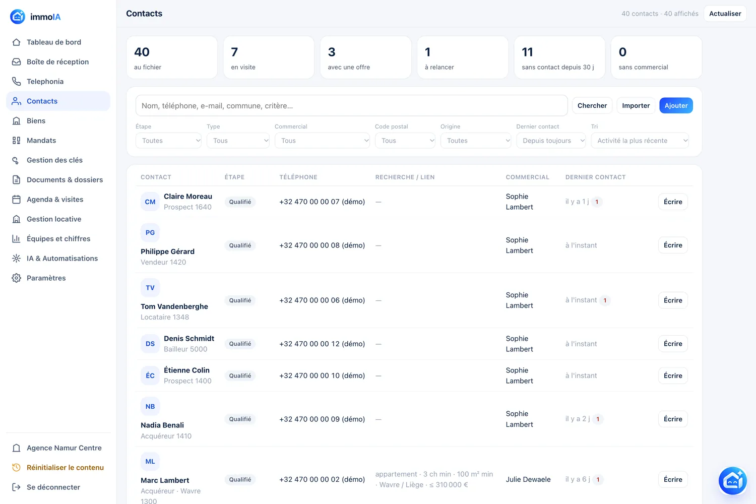 Écran Contacts : 40 contacts avec leur étape, leur téléphone, leurs critères de recherche, leur commercial et la date du dernier contact, au-dessus de sept filtres croisables.