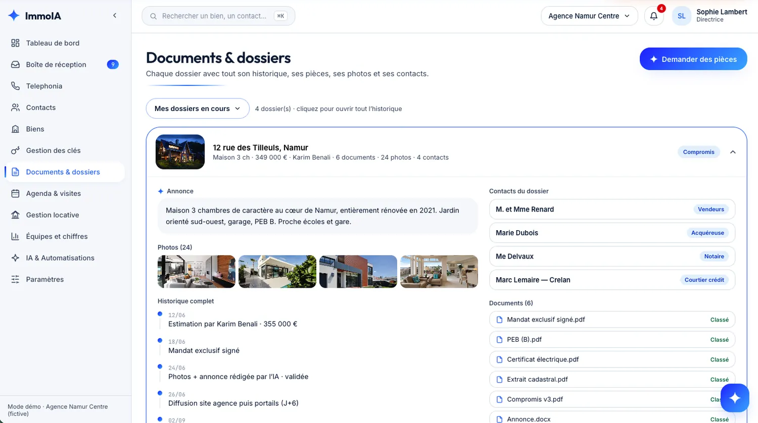 Écran Documents & dossiers : le dossier du 12 rue des Tilleuls avec l'annonce, 24 photos, l'historique complet, les 4 contacts du dossier (vendeurs, acquéreuse, notaire, courtier) et les 6 pièces classées.