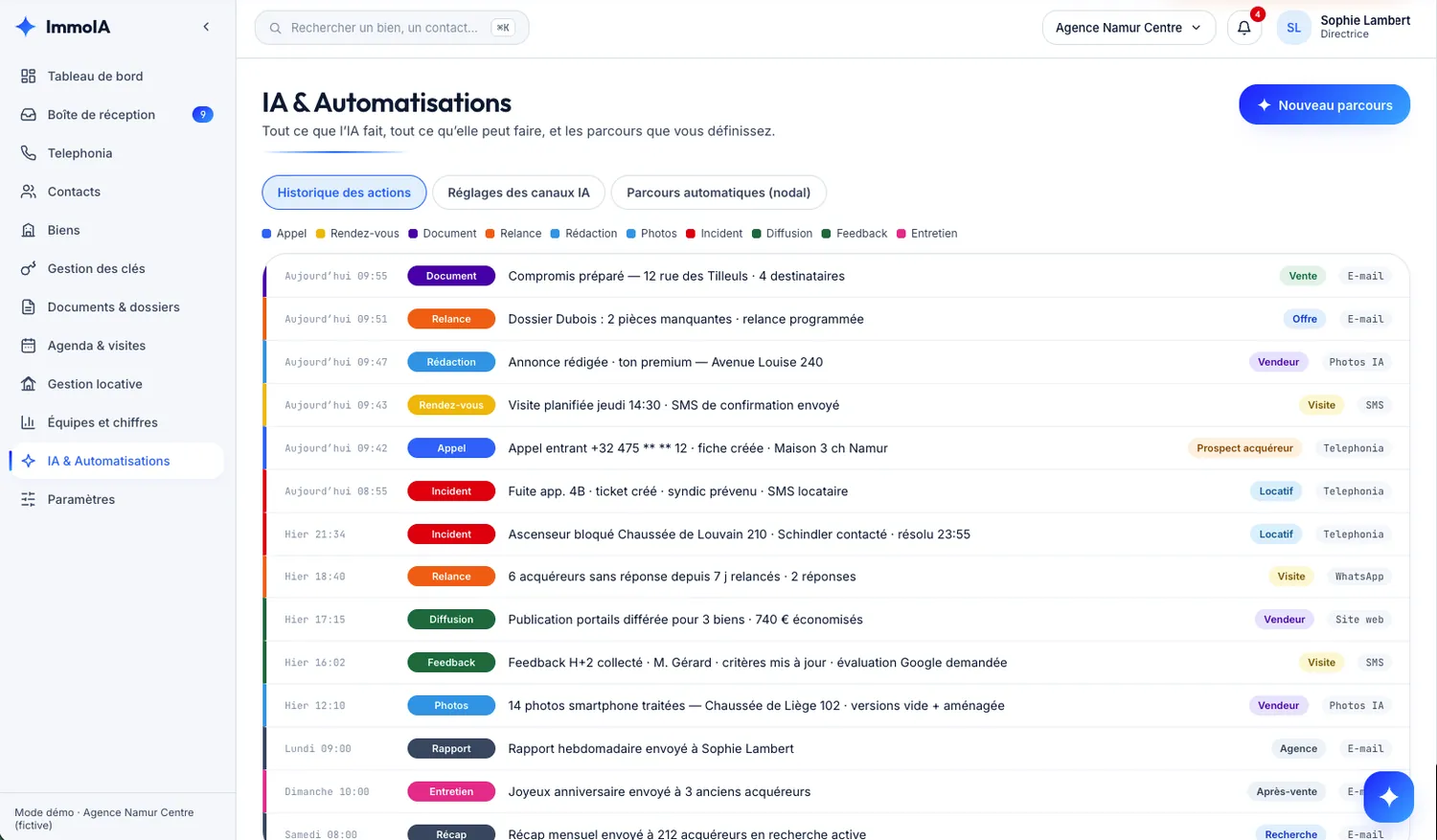 Écran IA & Automatisations, onglet Historique des actions : la liste horodatée de tout ce que l'IA a fait — compromis préparé, relance programmée, annonce rédigée en ton premium, visite planifiée, appel entrant traité.