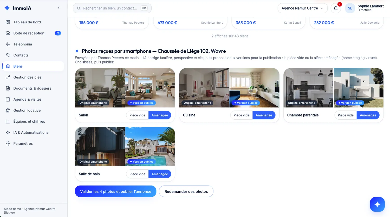 Écran Biens : les photos smartphone envoyées par le collaborateur, avec pour chaque pièce l'original et la version publiée, et le choix entre pièce vide et pièce aménagée (home staging virtuel).