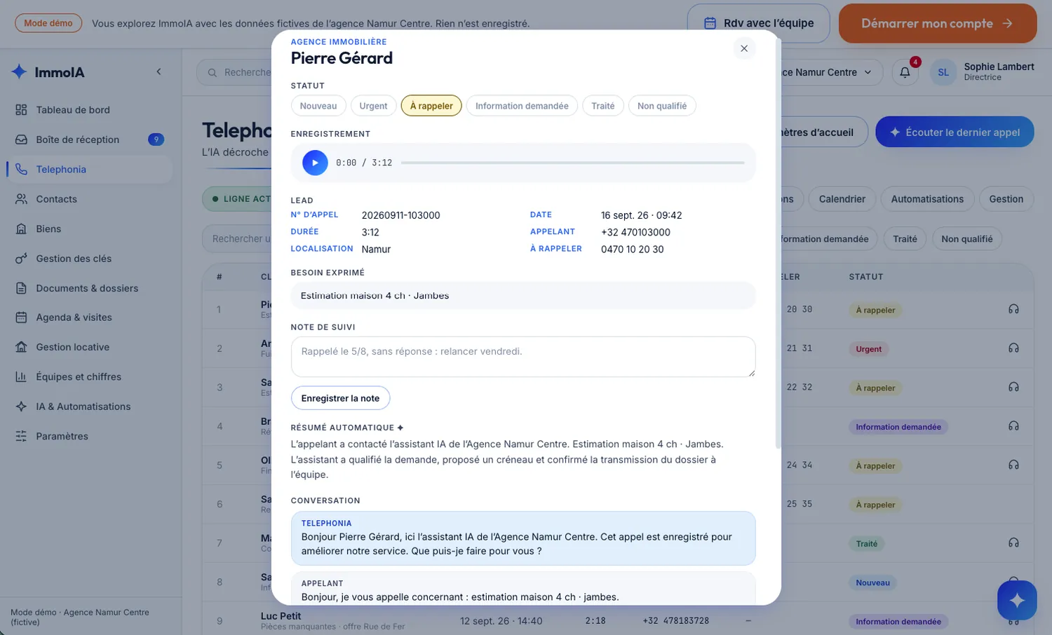 Écran Telephonia : la fiche de l'appel entrant de Pierre Gérard, avec l'enregistrement, le besoin qualifié « estimation maison 4 ch · Jambes », le résumé automatique et la transcription complète.